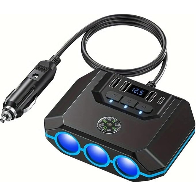 7 in 1 Cigarette Lighter Splitter 120 W Car Charger Adapter with 3 Compartments 12 V/24 V Plug Charging Cable Splitter 3 USB + PD Ports Separate Switch LED Voltmeter for Mobile Phone/Pad/GPS