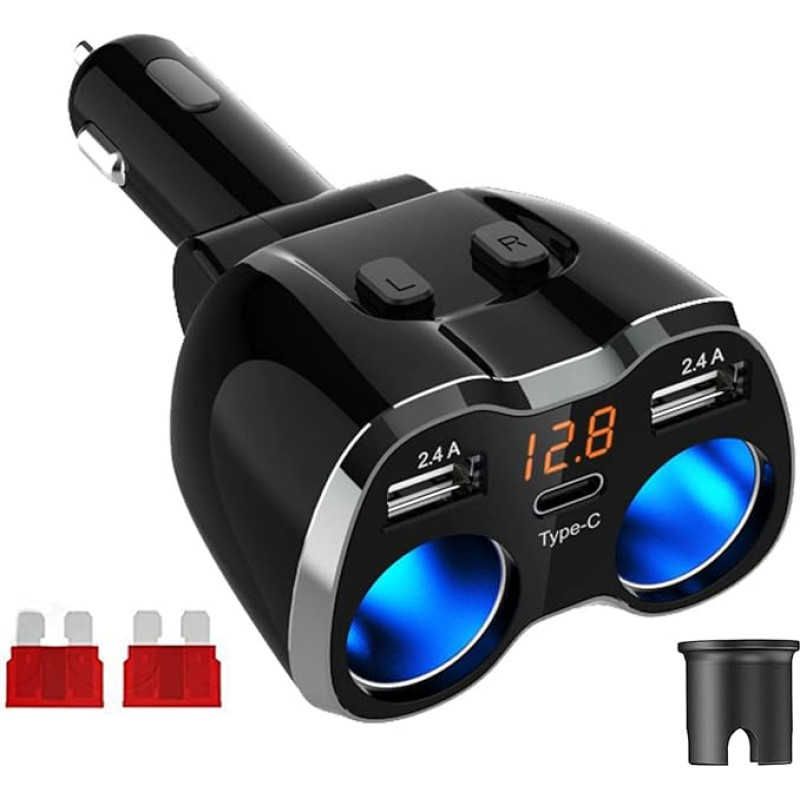 USB C Car Charger Cigarette Lighter Splitter Adapter Splitter Type C Car Charger Double Socket 12V/24V DC 120W with LED 12V/24V DC 120W LED Voltmeter Switch Dual USB Port