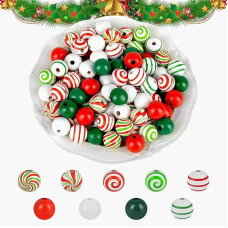 EKKONG Pack of 240 Colourful Christmas Wooden Beads, Red Green White Christmas Beads with Hemp Rope, Round Wooden Baubles 16 mm with Hole (9 Styles) for Christmas Party Accessories DIY Craft