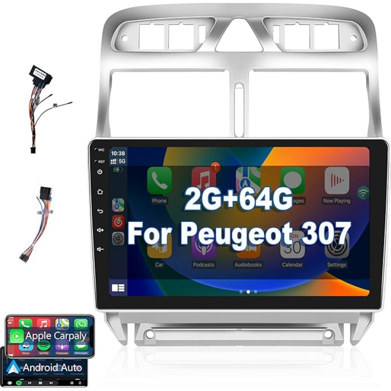 Hodozzy Carplay Android Car Radio for Peugeot 307 2002-2013, Car Radio with Navi/WiFi/HiFi/RDS Radio/2 USB/SWC, 9 Inch Touchscreen Car Radio Bluetooth