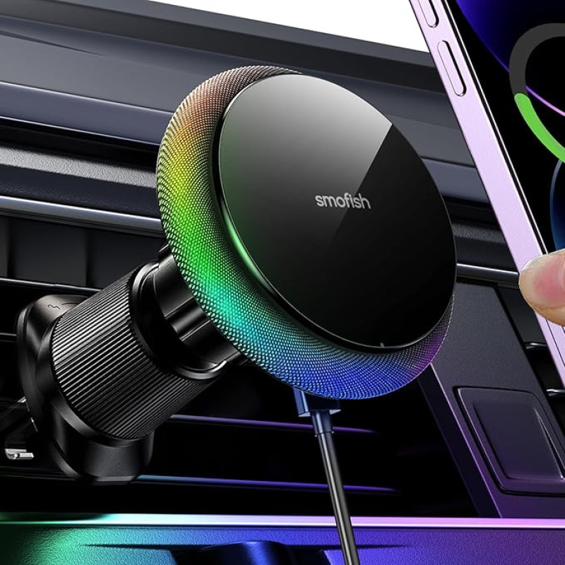 For 15 W Magsafe Car Holder, [Rainbow RGB] Magnetic iPhone Wireless Car Charging, Car Vent Mobile Phone Holder Car with Charging Function for iPhone 16 Pro Plus Max 15 14 13 12 Mini Men Women