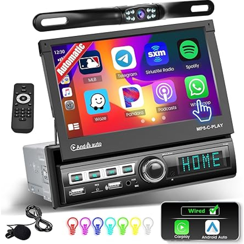 Automatic: Hikity Carplay Car Radio 1Din with Retractable Screen 7 Inch Fold-Out Screen 1 DIN Radio with Android Car Bluetooth Hands-Free Kit AUX USB FM Mirror Link Reversing Camera