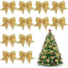 Yimomoyi Pack of 12 12 x 15 cm Christmas Bows Red Christmas Bows Bow Christmas Tree Decoration for Christmas Tree Christmas Wreath Christmas Tree Bows (Gold)