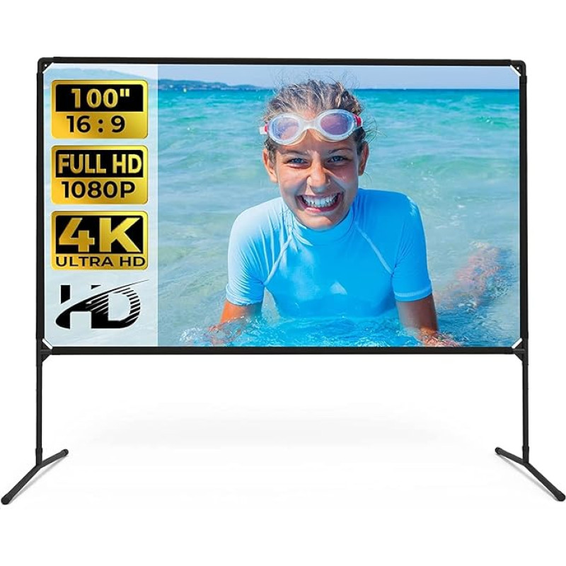 Projector Screen 100 Inch Film Projector Screen with Stand 16:9 HD Foldable Indoor Outdoor Video Projector Screen for Home Party Office Classroom