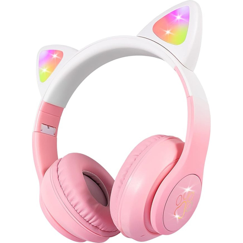 XtenKea Bluetooth Headphones for Children with Cat Ears, Wireless Headphones with Microphone and LED Lighting, Foldable Over Ear Headphones for Smartphone/School/Desktop/PC/Kindle (Pink)