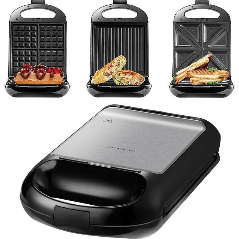 3-in-1 XXL Sandwich Maker, 3 Interchangeable Plates, 1200 Watts, Contact Grill, 4 Sandwich Makers, Multigrill, Waffle Iron, Electric Grill, Waffle Iron