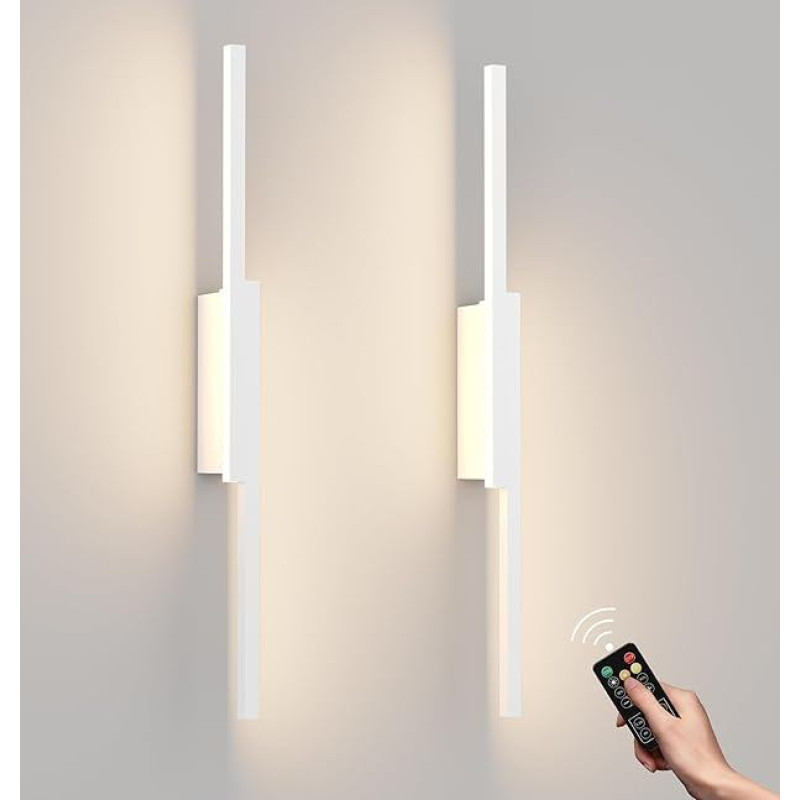 Aipsun Wireless LED Battery Wall Light with Remote Control, 6000 mAh USB-C Rechargeable Wall Lamp, White, 60 cm, 5 W Modern Bedroom Living Room Wall Light, Three Colour Temperatures (Pack of 2)