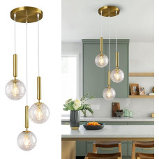 Modern Gold Light Pendant Light for Kitchen Island Mid Century Pendant Lights with Ball Clear Glass White Glass Pendant Light for Dining Room Bathroom Entrance Bedroom (3 Bulbs)