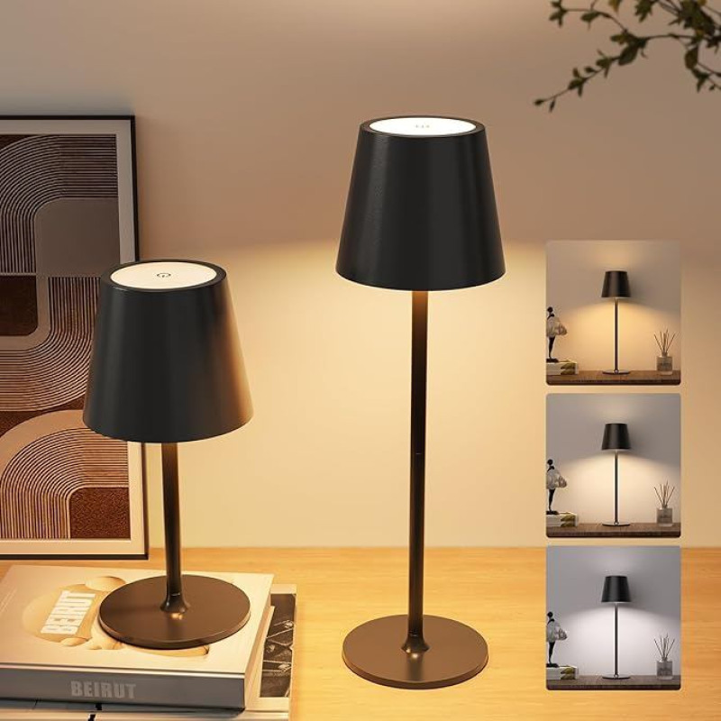 Pack of 2 Wireless LED Table Lamps, 5000 mAh Dimmable Table Lamp, Battery, Bedside Lamp, Table Lamp, Wireless with USB-C, 3 Height Adjustable Touch Lamp for Bedside Table, Dining Table