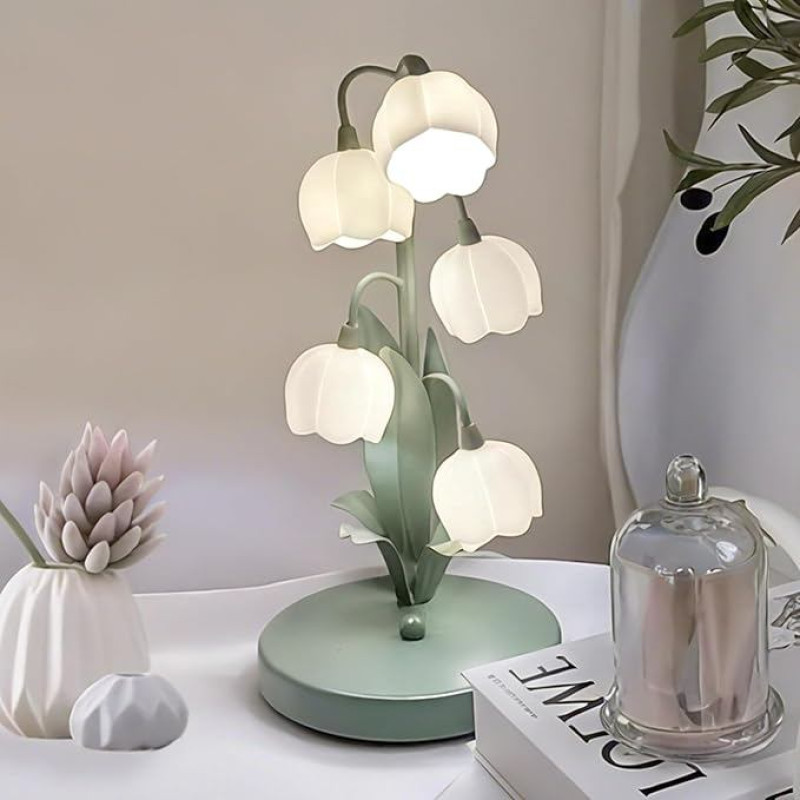 WLHONG Vintage Flower Table Lamp, 5 Lily LED Bedside Lamp, Green Flower Lamp, 3 Colour Modes, Reading Lamp with LED Lamps for Living Room, Office, Bedroom