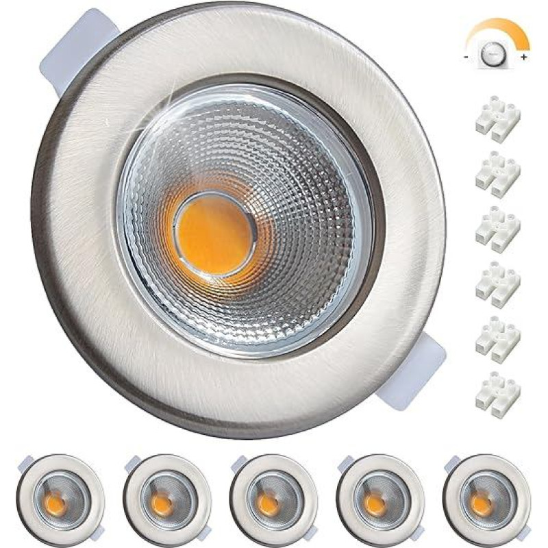 6 LED Recessed Spotlights, 10 W, Dimmable LED Spotlights, 230 V, Brushed Stainless Steel, Round Ceiling Spotlights, 3000 K, Warm White, 850 lm, 65-85 mm, Hole Size for Living Room