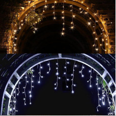 YOSION Icicle Fairy Lights, 300 LED 9 m šiltai baltos ir baltos spalvos Icicle Fairy Lights su laikmačiu, atsparus vandeniui, šviesos užuolaida lauko Kalėdoms, Helovinui, stogo kraštui, balkono dekorui
