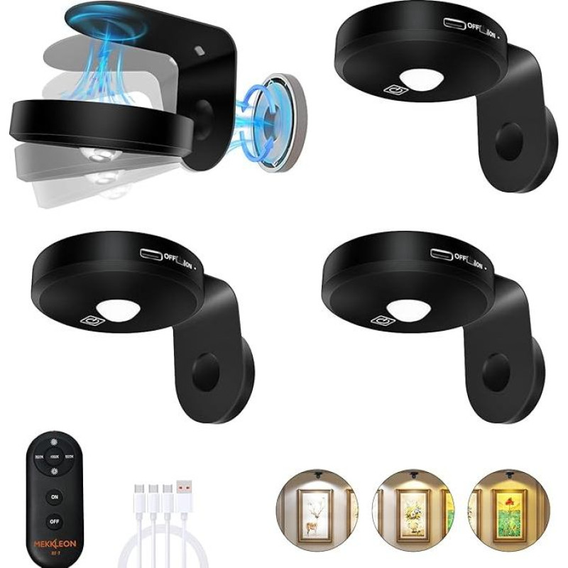 Wireless Picture Lights for the Wall, 2000 mAh Rechargeable Picture Frame Lights with Dimmable & 3 CCT, Puck Lights with Remote Control, Art Lighting for Paintings, Counter, Shelf (4 Pack, Black)