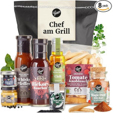 Gepp's Feinkost Chef am Grill dovanų krepšelis vyrams, skani grilio dovana tėvo dienai su grilio padažais, viskio garstyčiomis, čili aliejumi, juodąja lavos druska, gurmaniškais pipirais ir grissini, tėvo dienos dovana