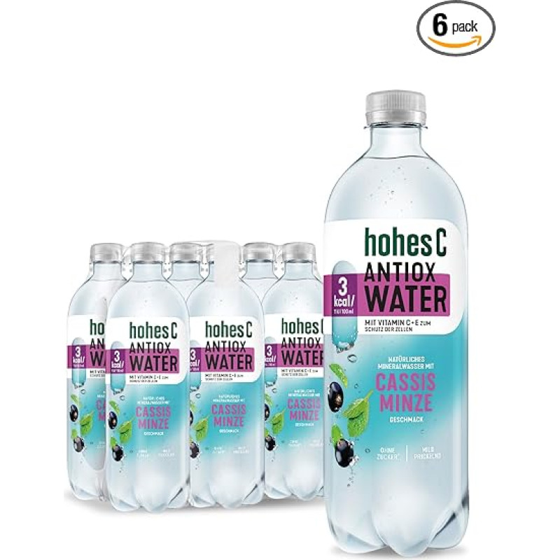 hohes C Antiox Water Cassis Mint (6 x 750 ml), ląstelių apsauga su vitaminu C ir vitaminu E, tik 3 kcal/100 ml, be pridėtinio cukraus, be konservantų, veganiškas