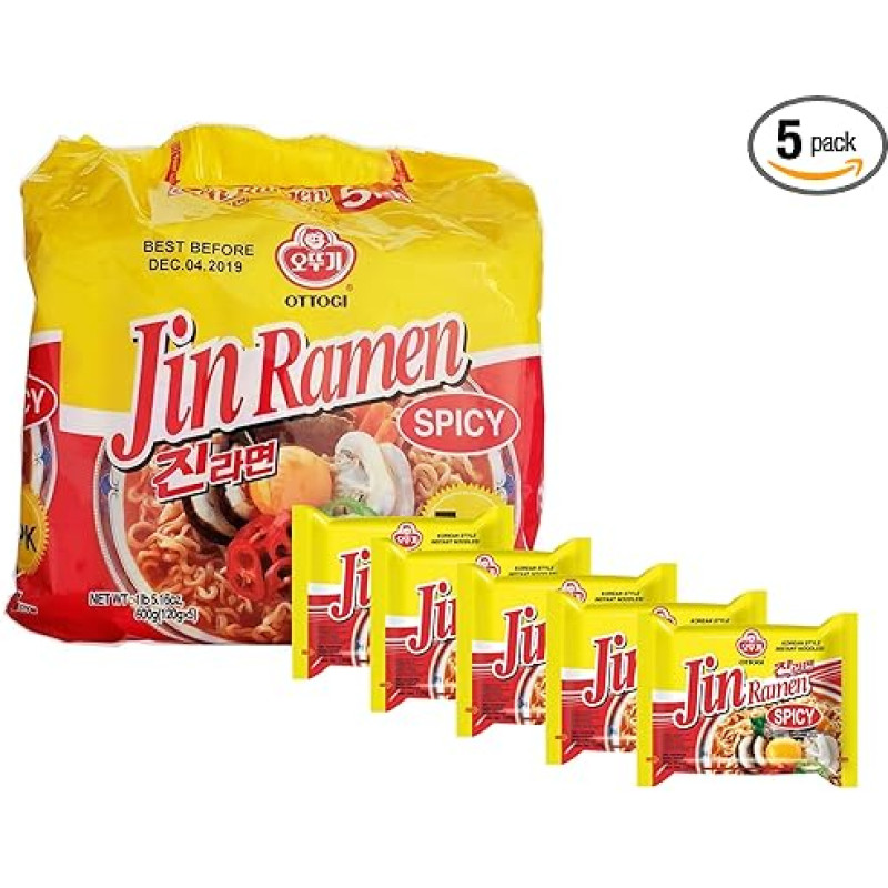 Ottogi Jin Ramen Spicy 5 Pack - Momentiniai makaronai Sharp Authentic Korean - 5 x 120 g - OG ASIA - 600 g