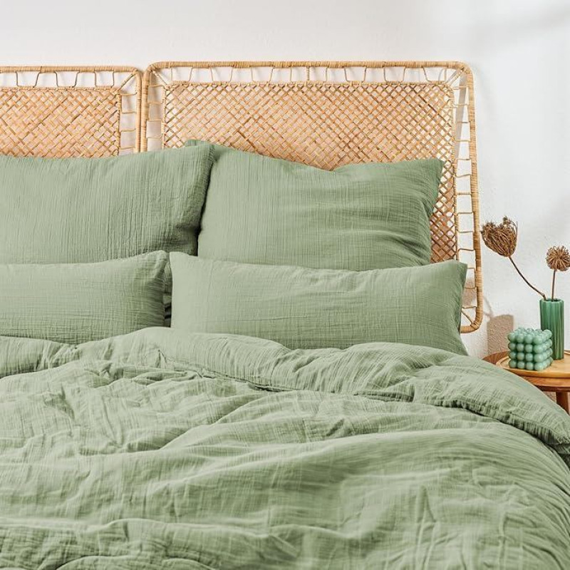 Blumtal Musselin Bettwäsche 135x200 cm - Oeko-TEX zertifizierte Bettwäsche 135x200 Baumwolle - Bettbezug + Kissenbezug 80x80 - leichtes Duvet Set Sommer - Bettbezug Grün