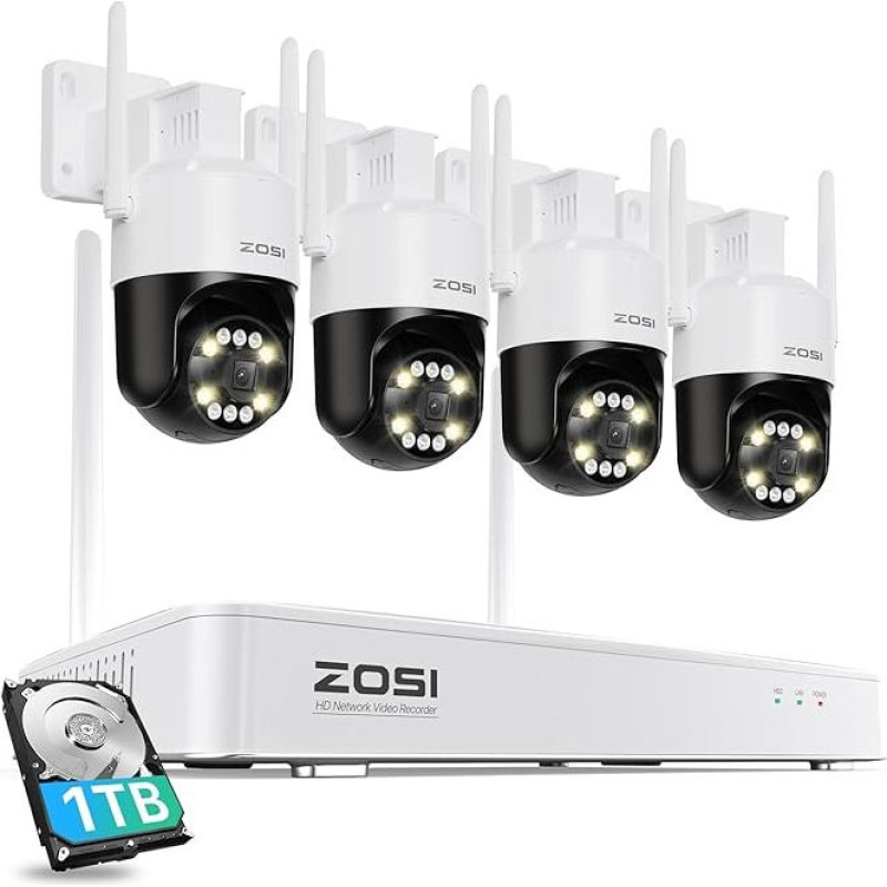 ZOSI 4K WiFi 6 Outdoor Surveillance Camera Set, 8MP NVR with 1TB HDD, 4 x 360° WLAN Camera with Person and Vehicle Detection, Colour Night Vision, C296B