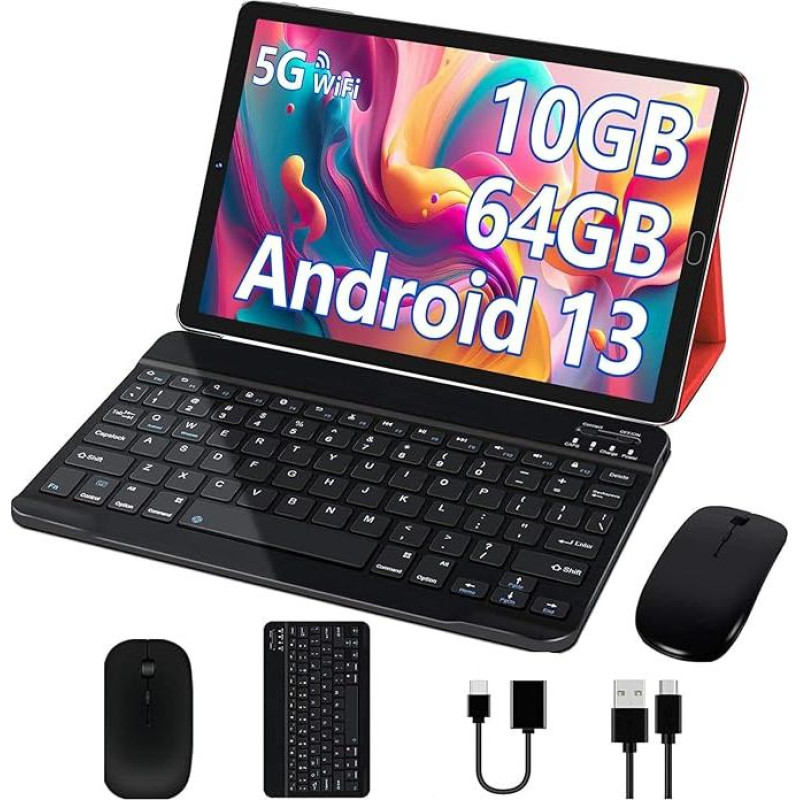 2025 Latest Android 13 Tablet 10 Inches, 10 GB RAM + 64 GB ROM, 5G + 2.4G WiFi, Octa-Core, 1280 x 800, 6000 mAh, 5MP + 8MP, BT5.0, GMS Tablet with Keyboard and Mouse - Red