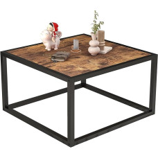 Kvadratinis kavos staliukas svetainei, paprastas kavos staliukas, modernus šoninis staliukas su mediniu viršumi ir tvirtu metaliniu rėmu, lengvai surenkamas, juodos ir kaimiškos rudos spalvos