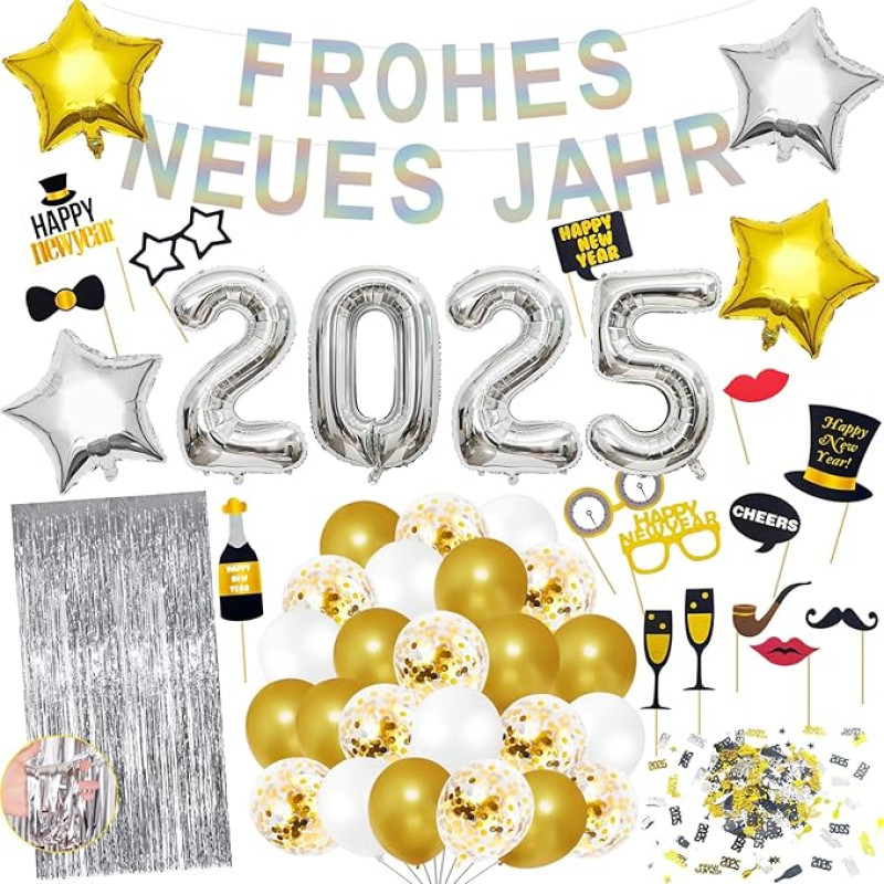 Naujųjų metų išvakarių dekoracijos 2025 XXL, 2025 Naujųjų metų balionai sidabriniai, Laimingų Naujųjų metų balionų rinkinys, Sidabrinis auksinis naujametinis dekoras, Naujųjų metų išvakarių vakarėlio rinkinys, Naujųjų metų išvakarių konfeti Foto rekvizita