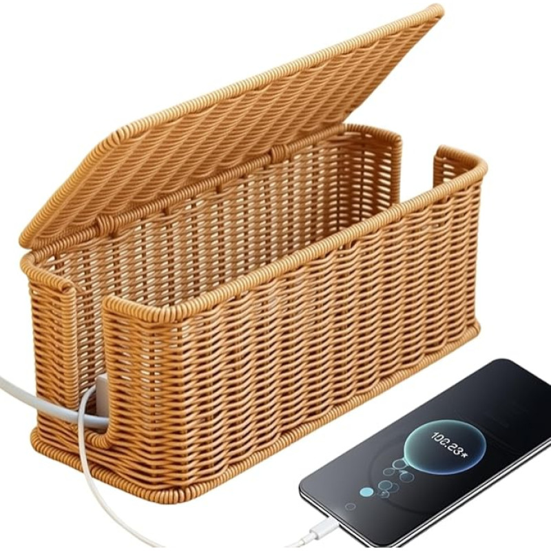 GOMETY Cable Box Handmade 33 x 13 x 13 cm Cable Management Box, Rattan Cable Organiser Box, Storage Box for Cables, Hiding Box for Hiding Cables and Power Strips (Brown)