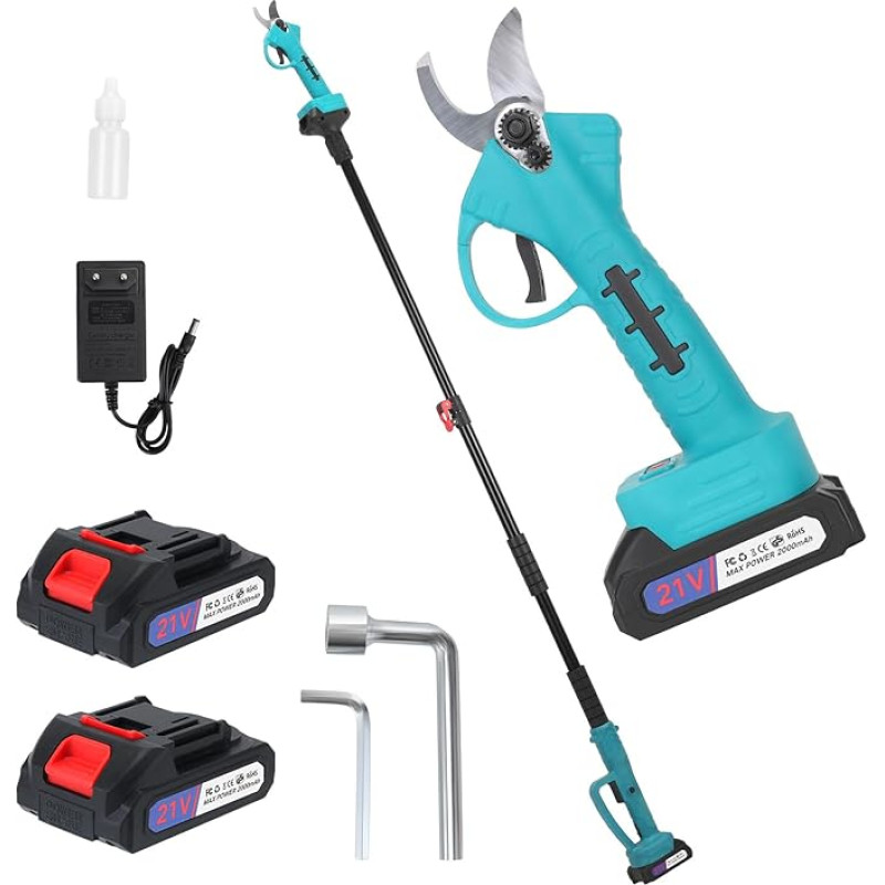 Akumuliatorinės teleskopinės genėjimo žirklės su kotu, 170 cm nuotolio, 33 mm 2-in-1 elektrinės žirklės su 21 V, 2 x 2000 mAh akumuliatoriais, genėjimo žirklių akumuliatorius su bešepetėliniu varikliu sodininkystei, vaismedžiams