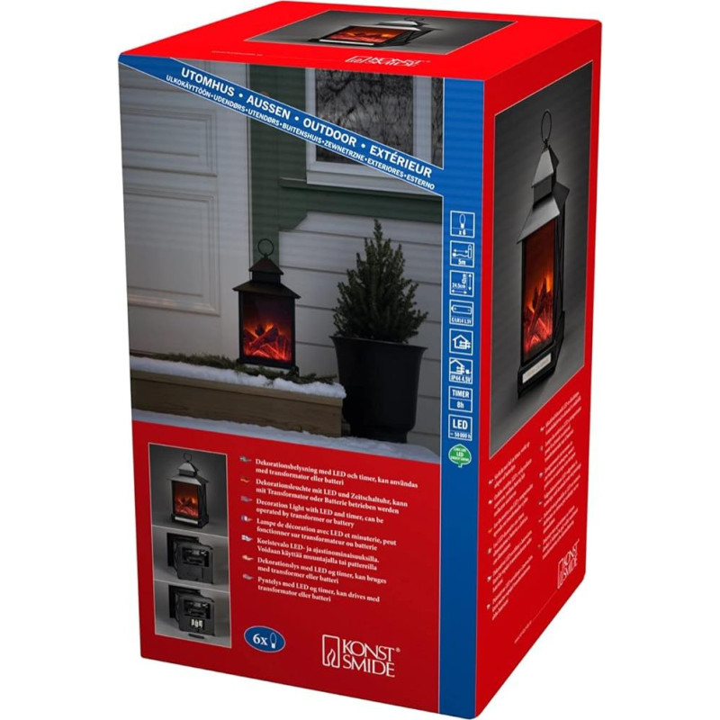 Konstsmide 4344-000 Large LED Lantern, Fireplace, 8 Hour Timer, Transformer and Battery Operated, 6 Warm White Diodes, 4.5 V External Transformer/Battery Operated, 0.6 W, Black Cable, Battery: 3 x C