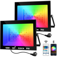 NATPOW LED Outdoor Spotlight, 100 W Smart RGB Spotlight with Remote Control, Bluetooth App, LED Floodlight, Colour Changing Spotlight, IP66 Waterproof Floodlight for Gardens, Courtyards (Pack of 2)
