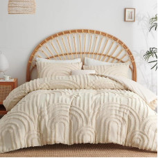 Lanqinglv Beige Bed Linen 200 x 200 cm Boho Tufted Exquisite Handmade Embroidery Geometric Chic Tufted Vintage Duvet Cover Double Bed with Zip and 2 Pillowcases 80 x 80 cm