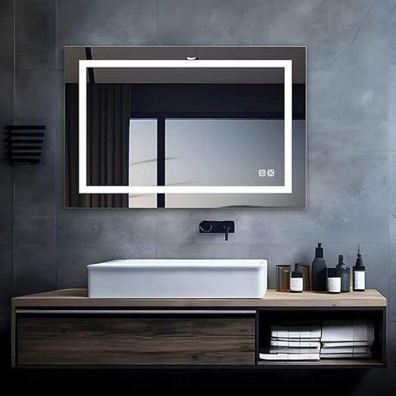 MIQU LED Bathroom Mirror with Lighting, 90 x 60 cm, Bathroom Mirror, Large Bathroom Mirror with Socket, Touch, Dimmable, Warm/White Light, Anti-Fog Wall Mirror for Bathroom, Toilet, Hallway, Rectangle