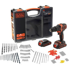 Black + Decker cordless impact drill (18 V 1.5 Ah, with 2-speed gearbox, variable torque pre-selection soft handle, double bit, incl. 160 pieces. Accessories in a high-quality case) BDCHD18BOA