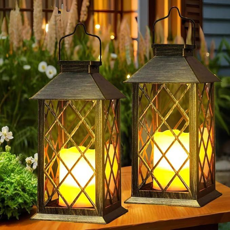 Yowin Solar Lantern for Outdoor Use, Pack of 2, Large Solar Lights, Garden with Flame Effects, Candle, Rolled Glass, Hanging Solar Lanterns, Waterproof Table Lamp, Solar Lights for Patio, Balcony