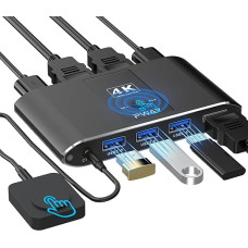 4K USB 3.0 KVM Switch HDMI 2 Port, 4K @ 60Hz HDMI KVM Switch 1 Monitors 2 Computers with 3 USB 3.0 Ports Sharing Keyboard/Mouse with Desktop Controller and 2 USB Cables, Plug and Play