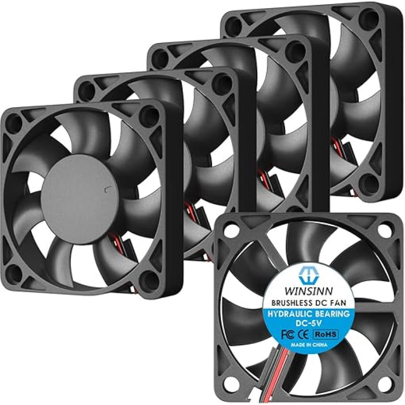 WINSINN 50 mm 5 V Fan, Hydraulic Bearing 5000 RPM 5010 Cooling Fan Replacement for 3D Printer/Small Devices/Electronics, 30 cm Cable with XH2.54-2PIN, Brushless 50 x 10 mm (Pack of 5)