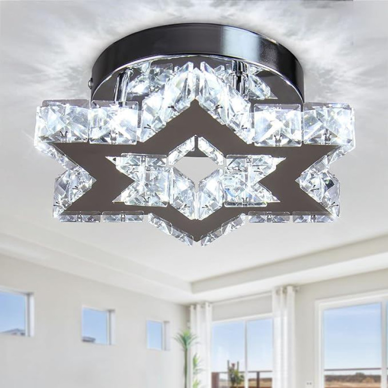 Cainjiazh Modern LED Crystal Chandelier Stainless Steel Mini Ceiling Light Star Flush Mount Ceiling Light for Bedroom Dining Room Hallway Island (Cool White)
