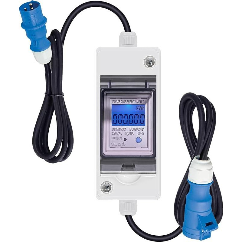 Btstil Mobile Digital Power Meter, 230 V Power Consumption Meter with LED & Reset, Portable IP65 Waterproof LCD Digital Electricity Meter for Motorhomes, Electric Vehicles (Blue)