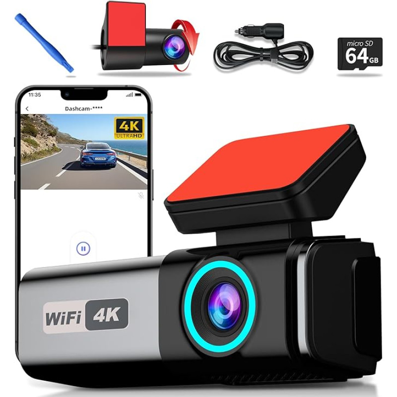 Dashboard Camera 4K Front and 1080P Rear Full HD Dash Camera for Cars, 1.47 Inch IPS Screen, App Control, Free 64GB Card, WDR, G-Sensor, Night Vision, Loop Recording, 24H Parking Mode