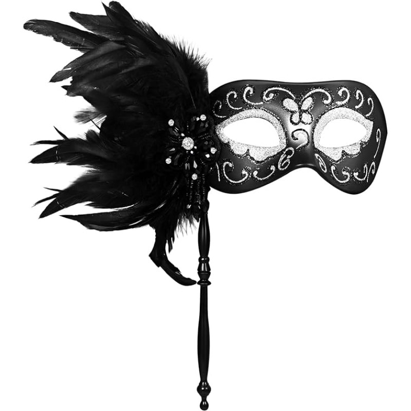 Cupimatch Venetian Masquerade Mask Women: Elegant Feather Mask with Holding Rod 4 Colours Shiny Hand-Held Ball Mask Flexible Removable Accessories Vintage Gift for Halloween Carnival Parties