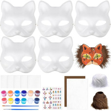 BINYI DIY Weiße Papier Maske Handgemalte Katzenmaske Maskenball Party Masken Unbemalt Cat Mask Papiermasken zum Bemalen für Karneval Cosplay Halloween Party für Kinder Erwachsene 5 PCS