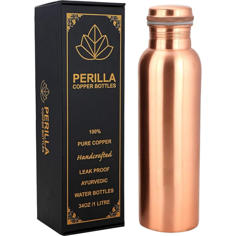 Perilla Home Water Bottle Pure Copper Approx. 970 ml Leak-Proof 100% Pure Ayurvedic Copper Jar with Lid Drink More Water & Enjoy Instantly Health Benefits Yoga Bottle