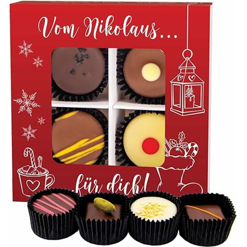 Hallingers Vom Nikolaus für Dich - Manufaktūra Šokoladas Kalėdų dovana Rankų darbo dalis su alkoholiu iš puikios kakavos šokolado (dėžutė) - Motinos dienos dovana ir dovanų idėjos Tėvo dienai | Sveikinimai