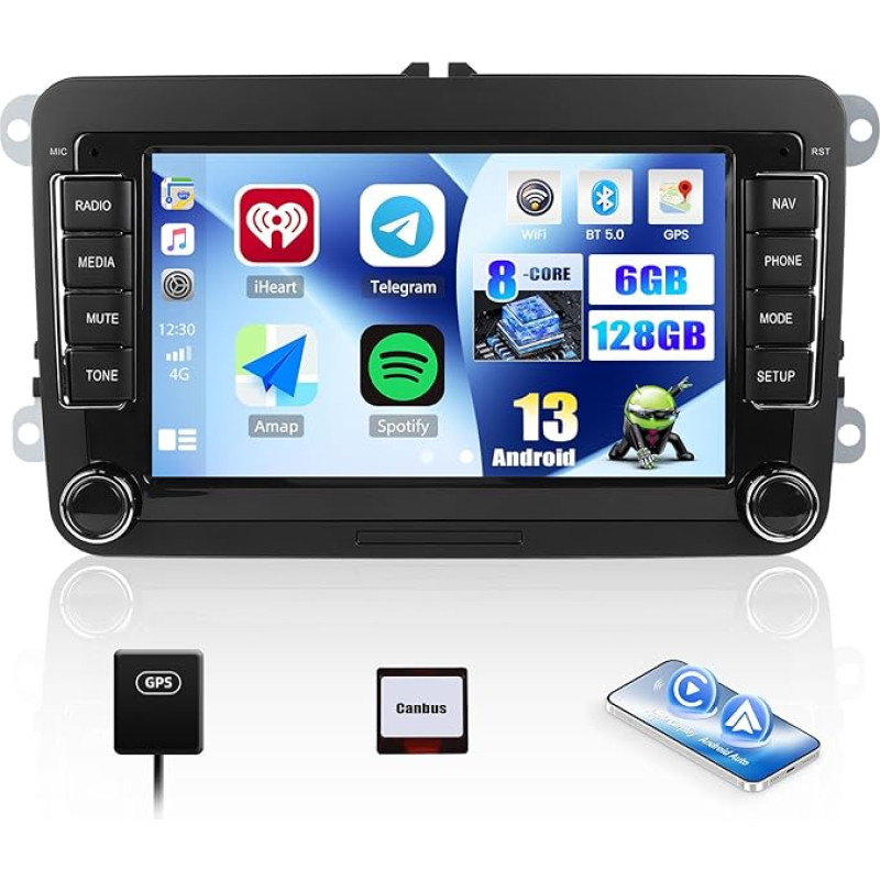 6G + 128G 8 Core CAMECHO Android 13 Car Radio for VW Golf 5 Polo Skoda with Navi Carplay Android Car Wireless, Double DIN Radio with 7 Inch Screen, Mirror Link RDS/FM Bluetooth 5.0 + DSP