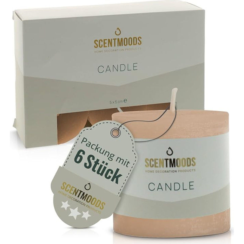SCENTMOODS Rustic Pillar Candle Set - 6 rankų darbo Taupe žvakės - 5 x 5 cm, ilgai dega - natūralus augalinis vaškas be palmių aliejaus - be kvapo