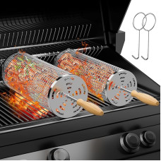 Grill Basket Grill Accessories (2 Pieces), 304 Stainless Steel, Removable Wooden Handle, Rotating Grill Basket, Round for Vegetables, Seafood, Meat, Camping, Grilling, Gifts for Barbecue Lovers, Men