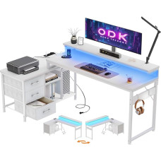 ODK L Shape Desk with Drawers, 174 x 100 cm Corner Desk, White with Shelf, Reversible, Gaming Table with LED & Monitor Stand, Computer Table, Office Table for Study, Bedroom