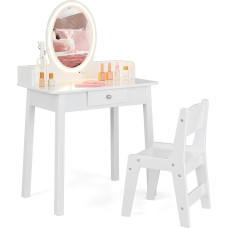 DREAMADE Children's Dressing Table with LED Mirror and Pine Wood Legs, Princess Dressing Table with Drawer & Jewellery Stand, Children's Dressing Table with Stool for Children Girls, White