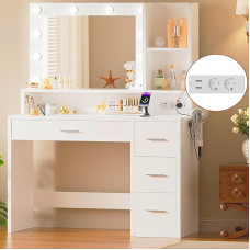 JUMMICO Dressing Table with LED Lighting and Sockets, Dressing Table with Mirror, Cosmetic Table with 4 Drawers, 10 LED Bulbs, White