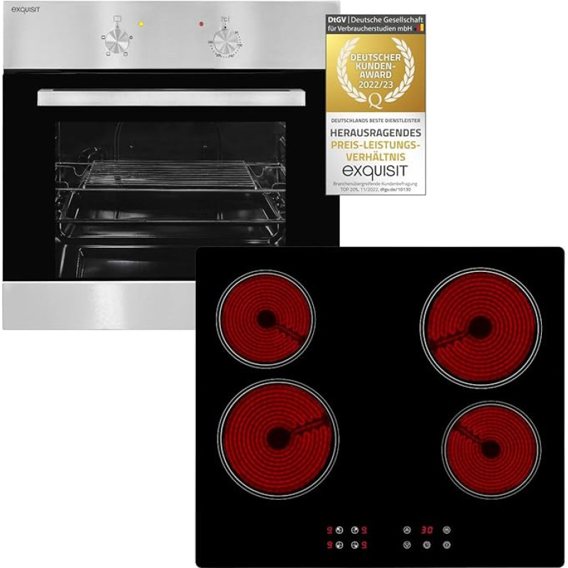 Exquisit Built-in Cooker Set Oven Glass Ceramic Hob Frameless Self-sufficient Timer, Silver