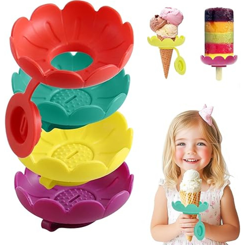 LETSHOLD 4 Stück Tropffrei Eis am Stiel-Halter für Kinder, Eishalterung Kinder Silikon, Wiederverwendbarer Eis Halter mit Runder Schale (A)